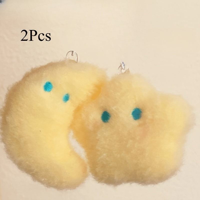 2pcs Fluffy Star & Moon Plush Keychain for Backpacks & Keys - Yellow