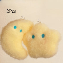 2pcs Fluffy Star & Moon Plush Keychain for Backpacks & Keys - Yellow