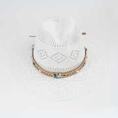 Boho Belt Decor Geometric Crochet Fedora Cap Breathable Summer Beach Hat
