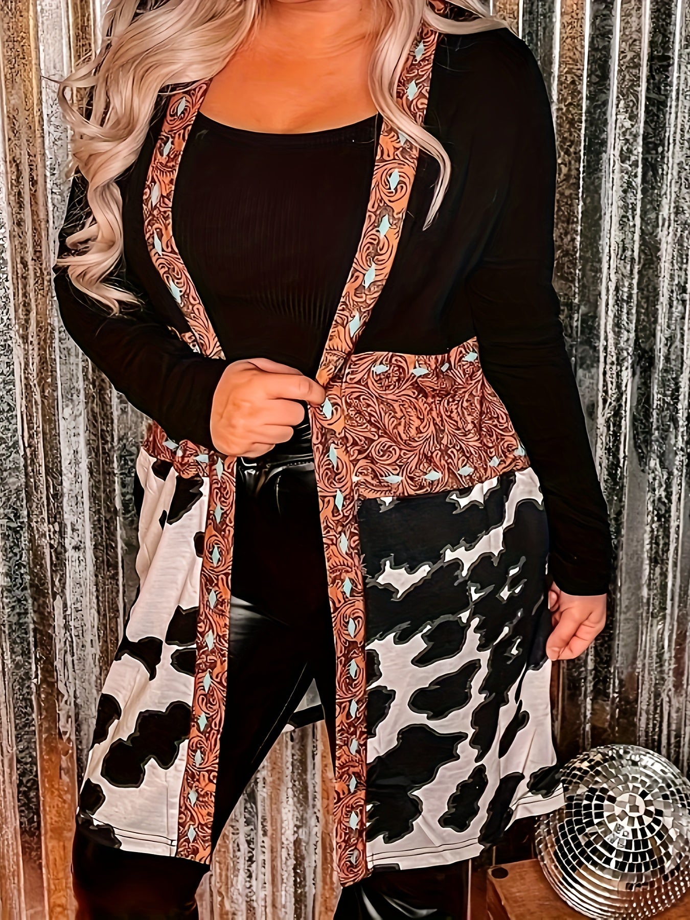  Colorblock Paisley & Cow Print Long Sleeve Cardigan