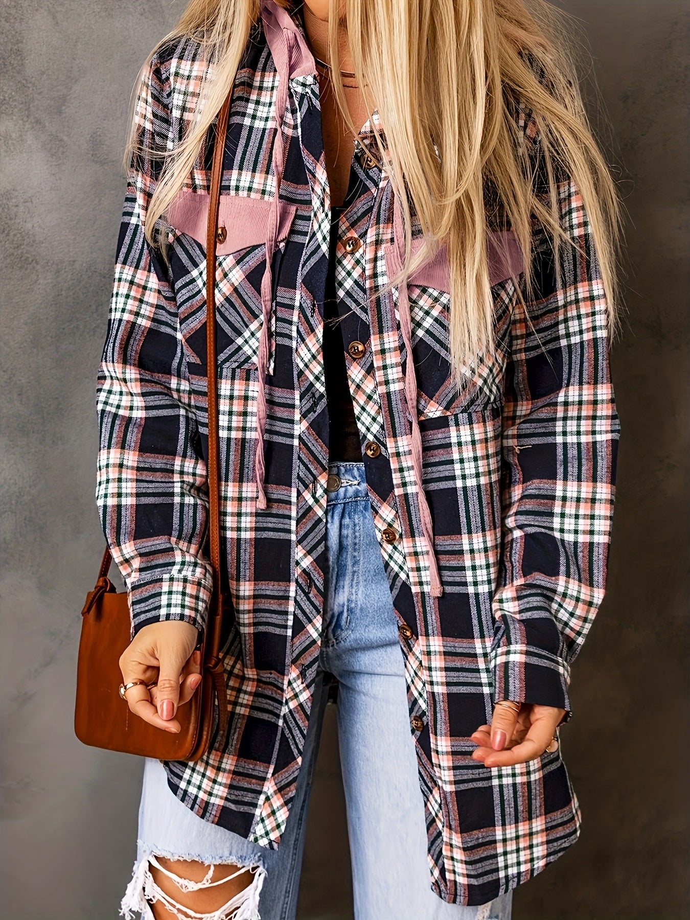  Plaid Print Button Up Long Sleeve Hooded Shacket
