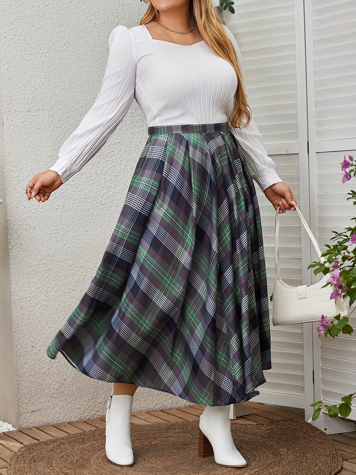  Retro Skirt Women's Plus Plaid Elastic A line Skirt