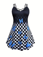  Colorblock Criss Cross V Neck Cami Dress