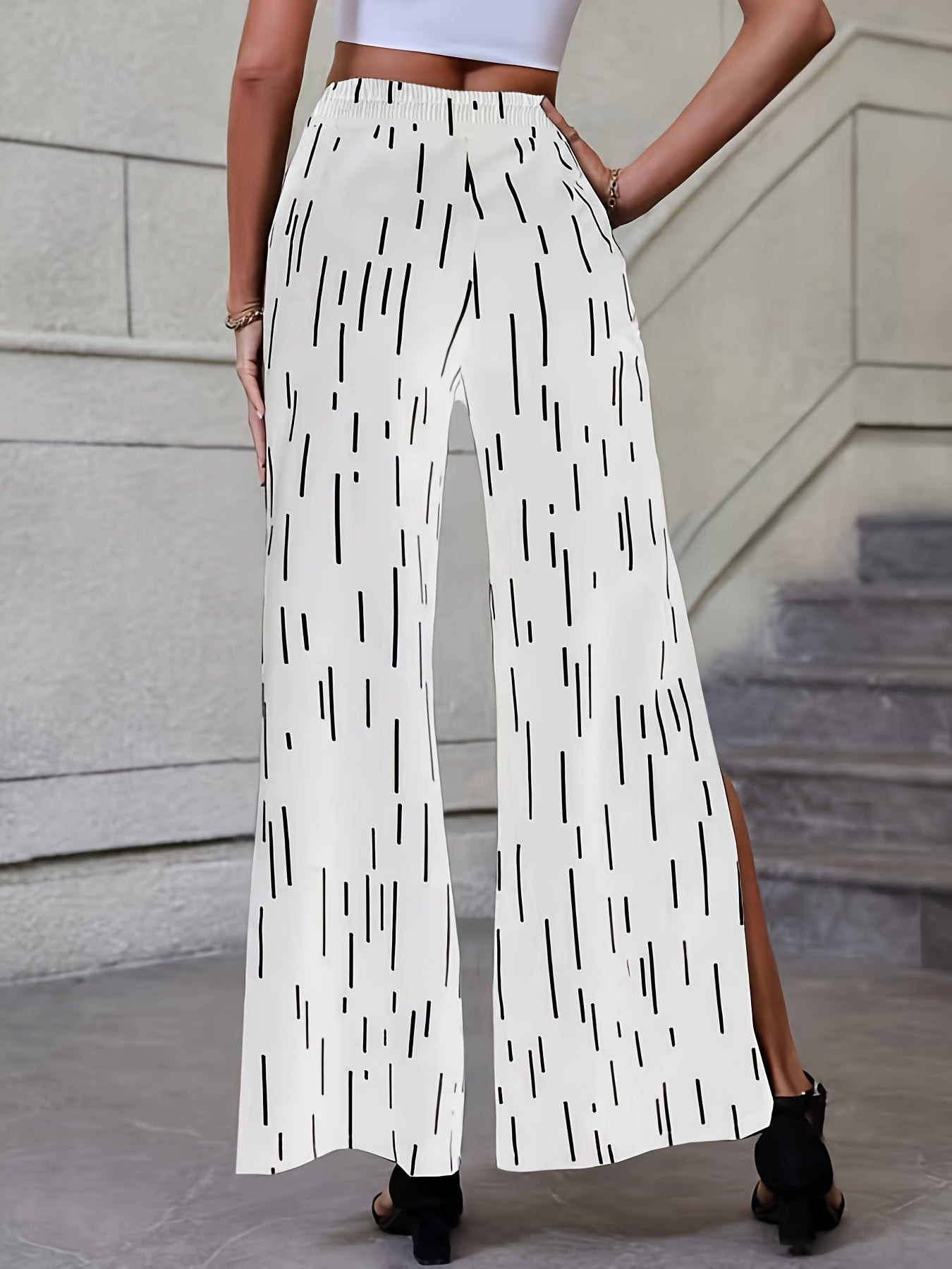  Striped Wide Leg Elastic Waist Trousers