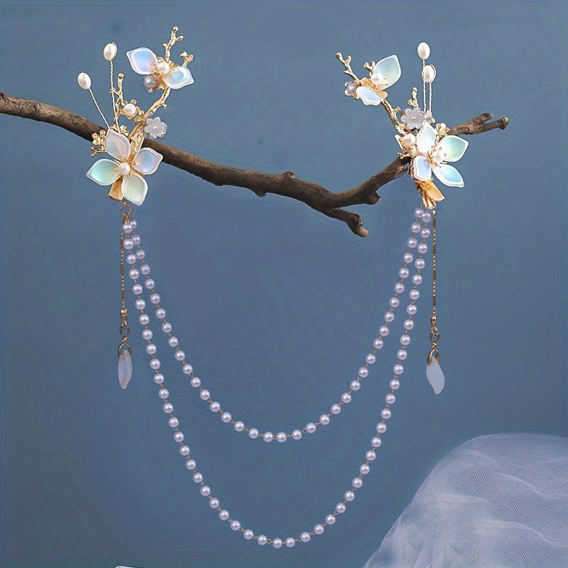 Hanfu Hair Clip Pearl Flower Leaf Hairpin Vintage Chinese Cheongsam Accessory