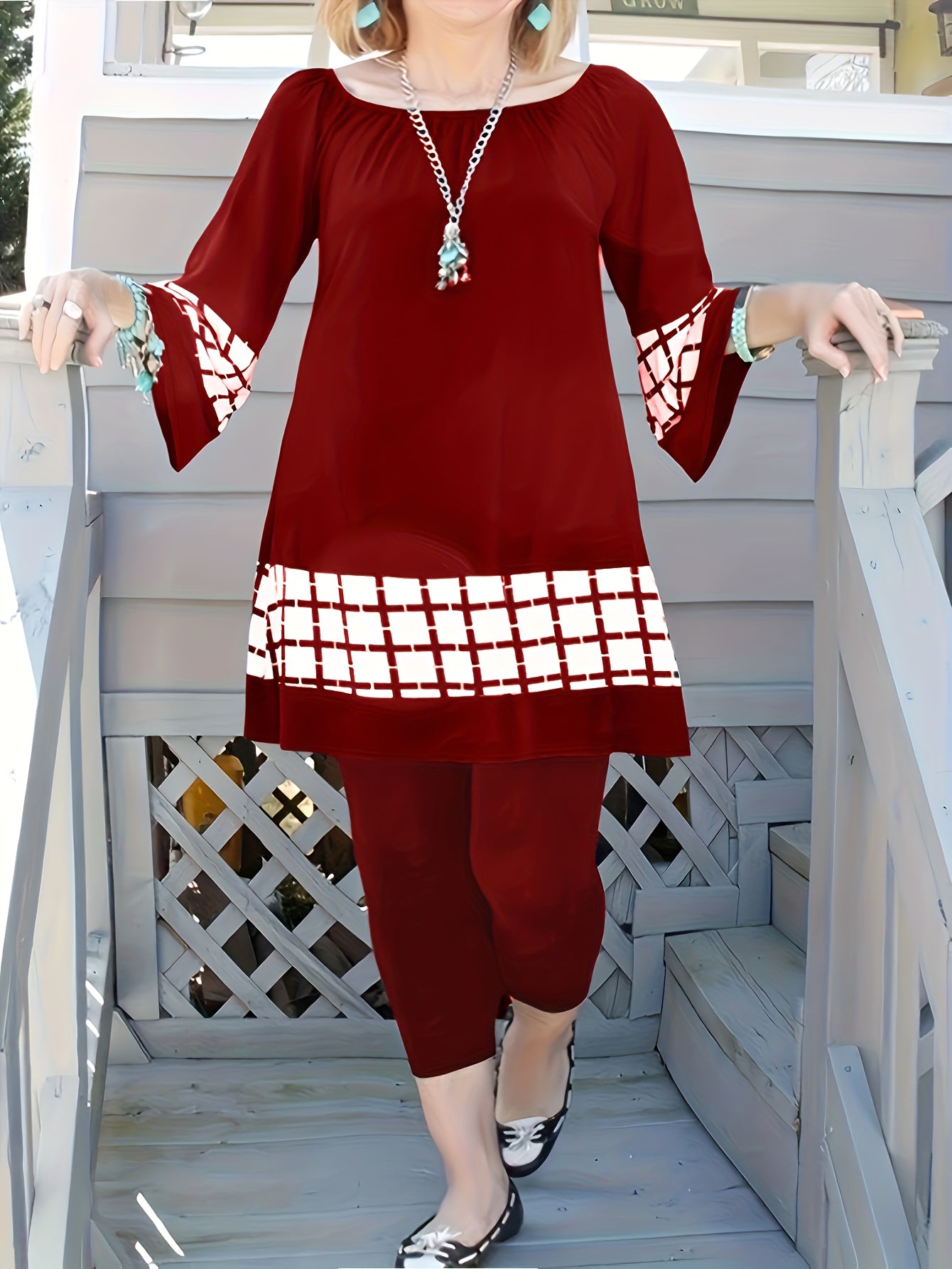  Colorblock Grid Print Bell Sleeve Top & Leggings Set