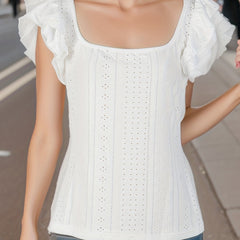 Eyelet Embroidered Square Neck Tank Top Casual Ruffles Trim