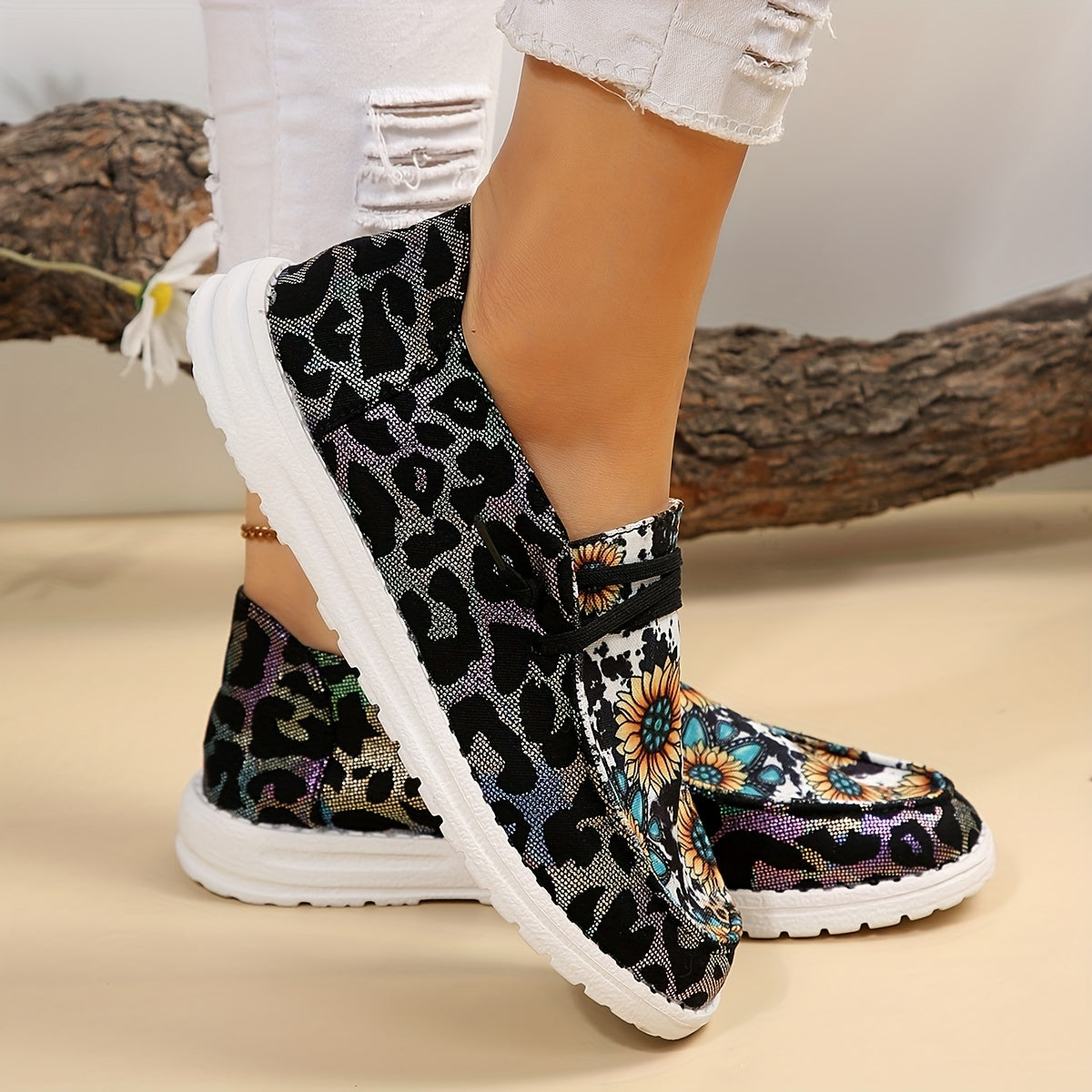 Women's Cow & Leopard Printed Lace Up Flat Canvas Shoes