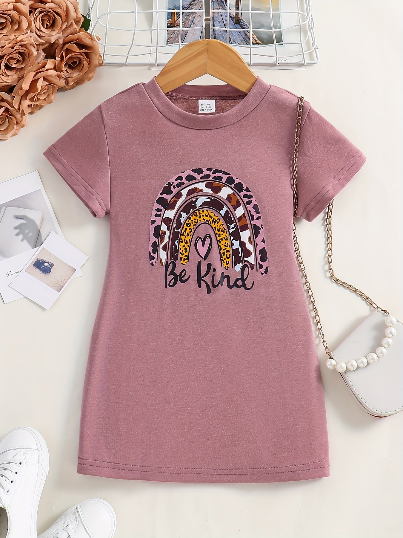 Girls Leopard Rainbow Print Dress Crew Neck Kids Short Sleeve Dress