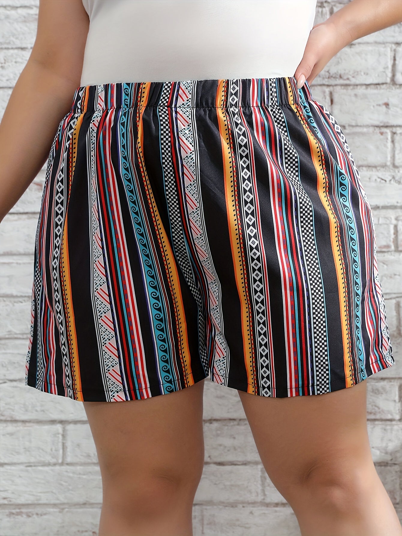  Patchwork Print Elastic High Rise Boho Shorts
