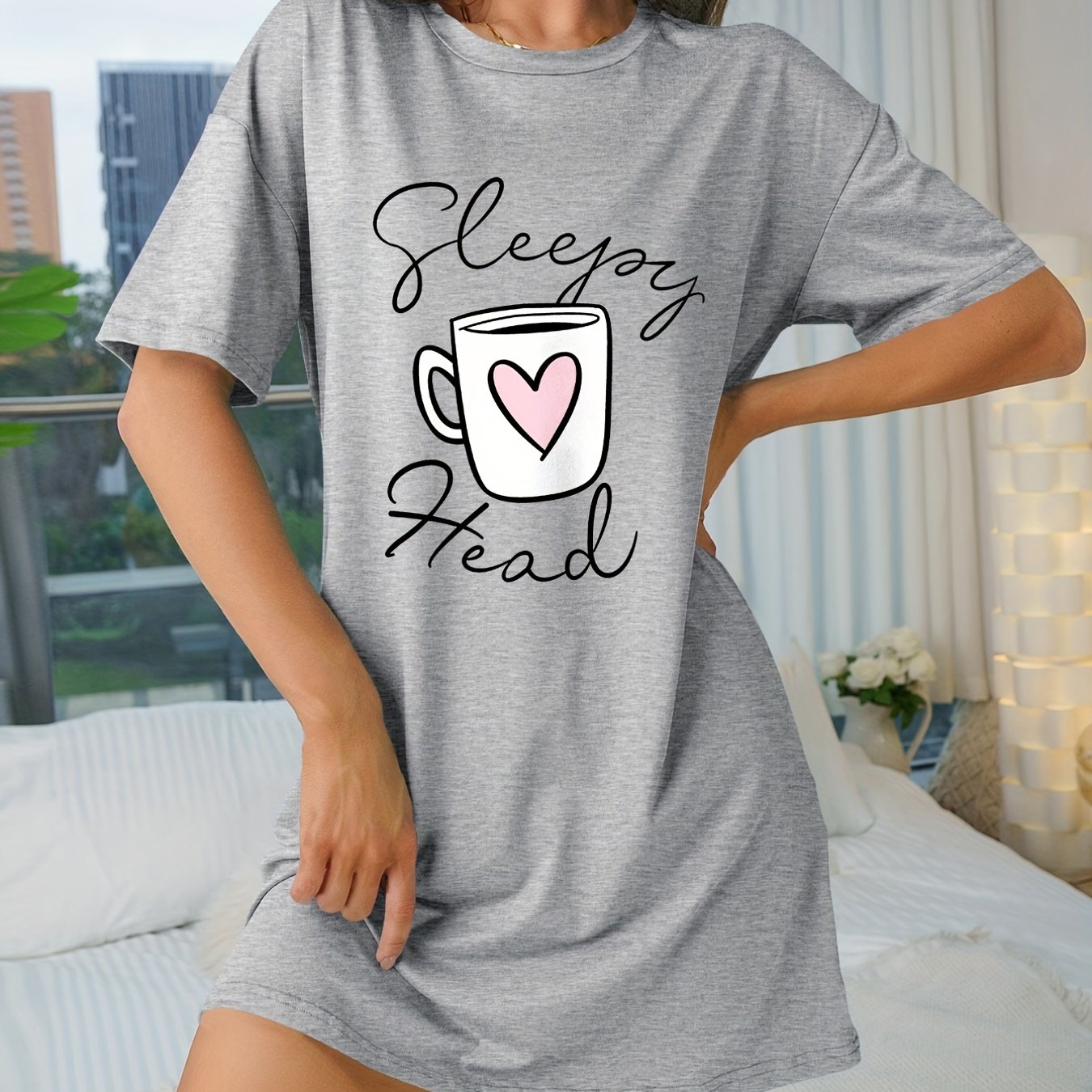 Letter Print NightDress Crew Neck Women's Sleepwear