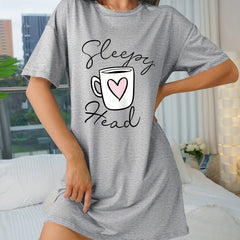 Letter Print NightDress Crew Neck Women's Sleepwear