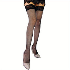 Rhinestones Thigh High Fishnet Stockings Lace Trim Over The Knee Socks