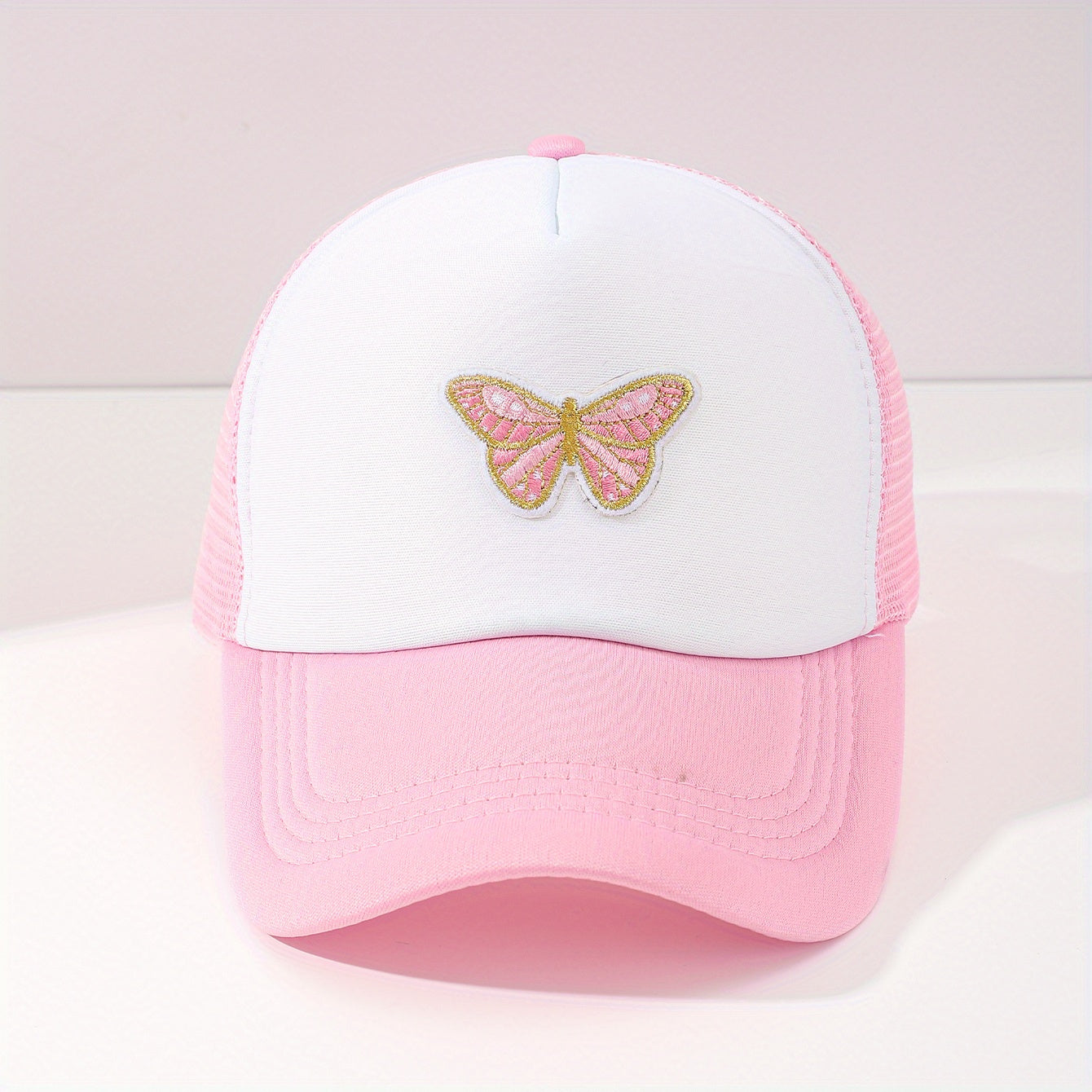 Butterfly Embroidery Pink Trucker Hat Cartoon Block Mesh Baseball Cap