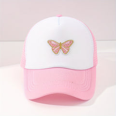Butterfly Embroidery Pink Trucker Hat Cartoon Block Mesh Baseball Cap