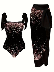 Sparkle Print Tie Shoulder One Piece Bathing suit Set