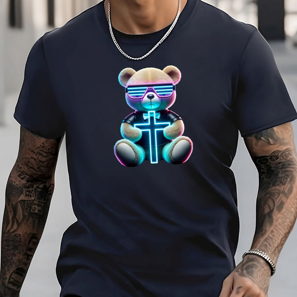 Men's Bear Pattern Shirt Casual Short Sleeve Tee Top