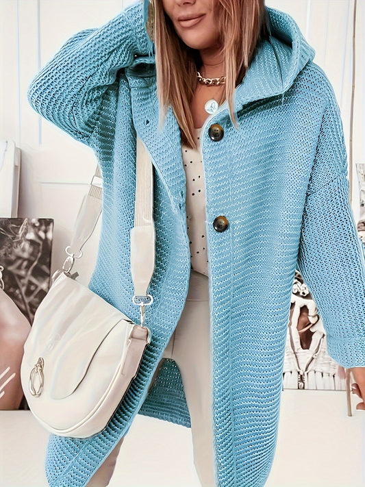  Solid Button Up Hooded Cardigan