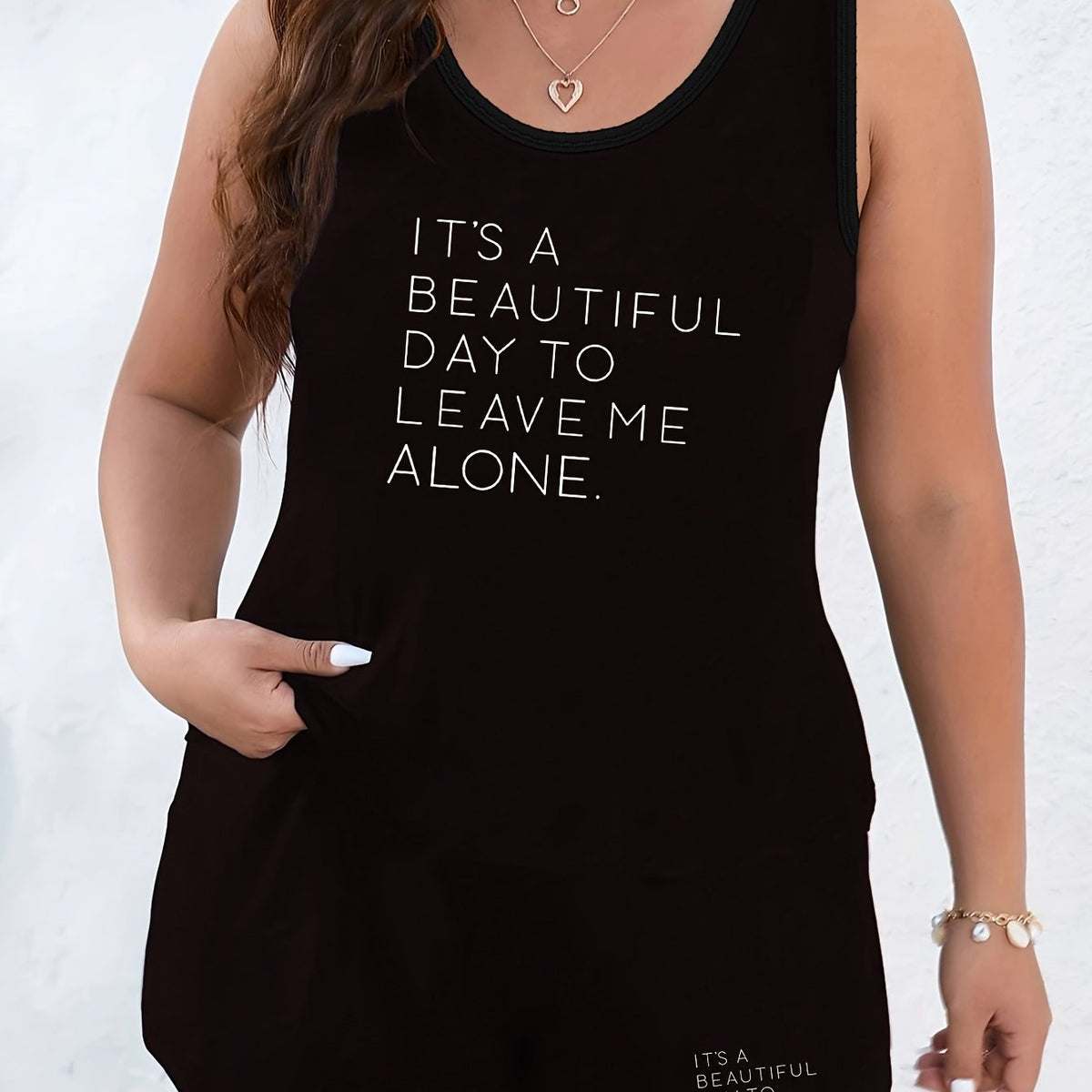  Slogan Print Tank Top & Drawstring Shorts Set