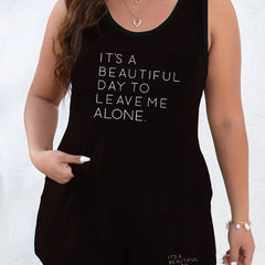  Slogan Print Tank Top & Drawstring Shorts Set