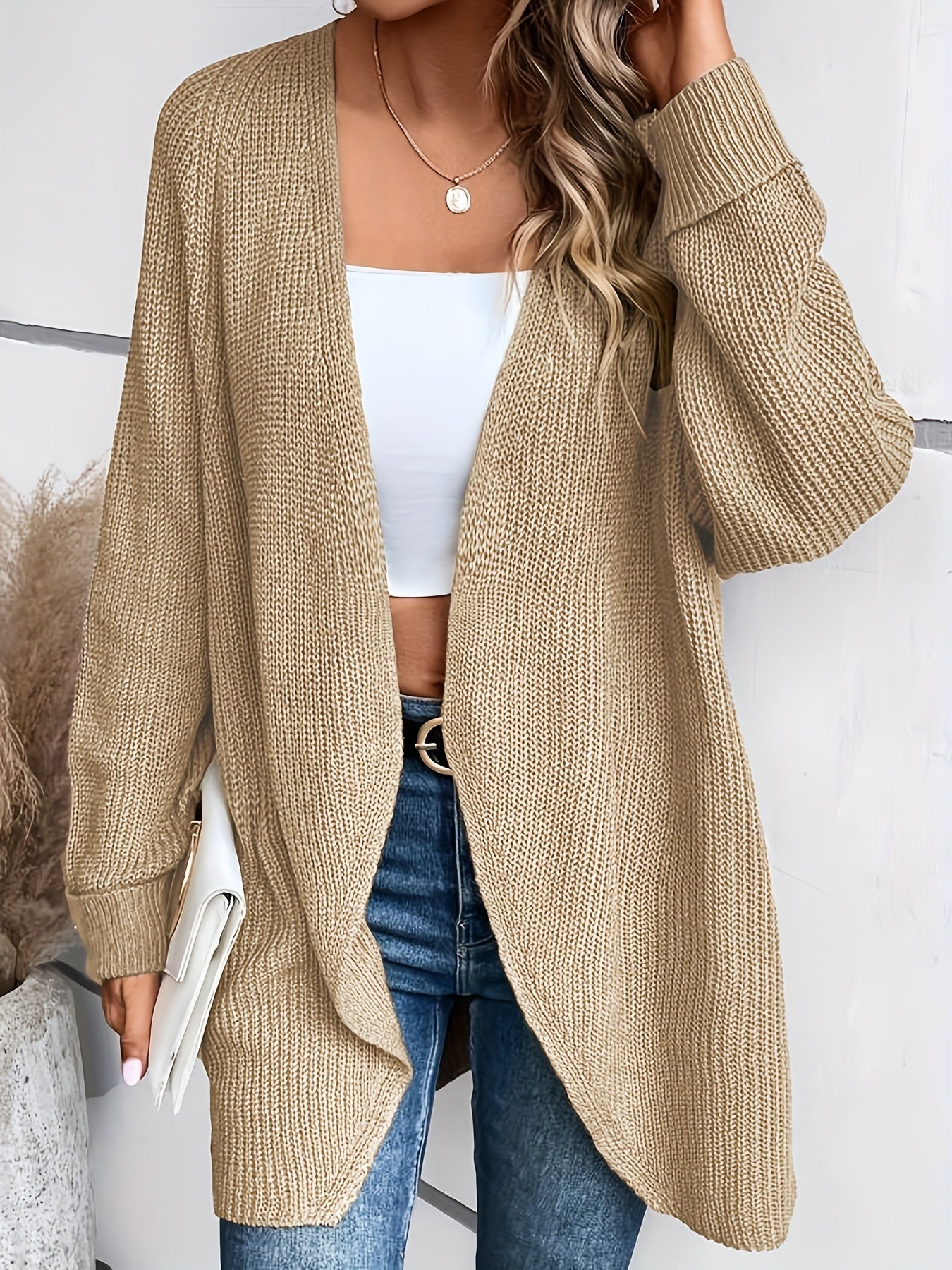  Solid Long Sleeve Open Front Cardigan