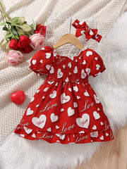 Girls Heart Print Puffy Sleeve Princess Dress