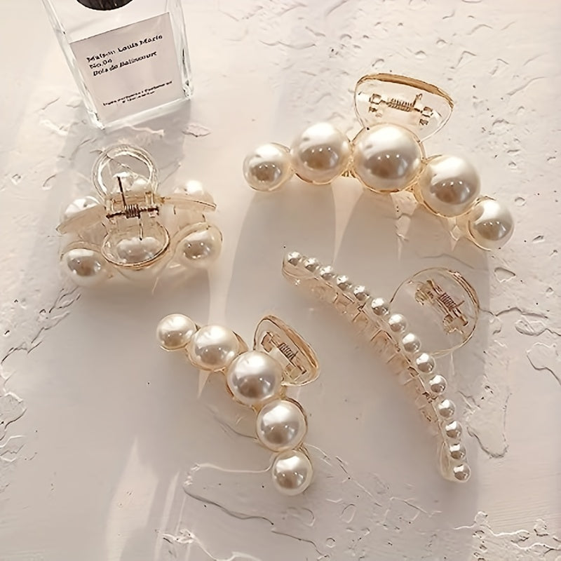 4pcs Faux Pearl Hair Claw Small Large Nonslip Shark Claw For Ponytail Holder