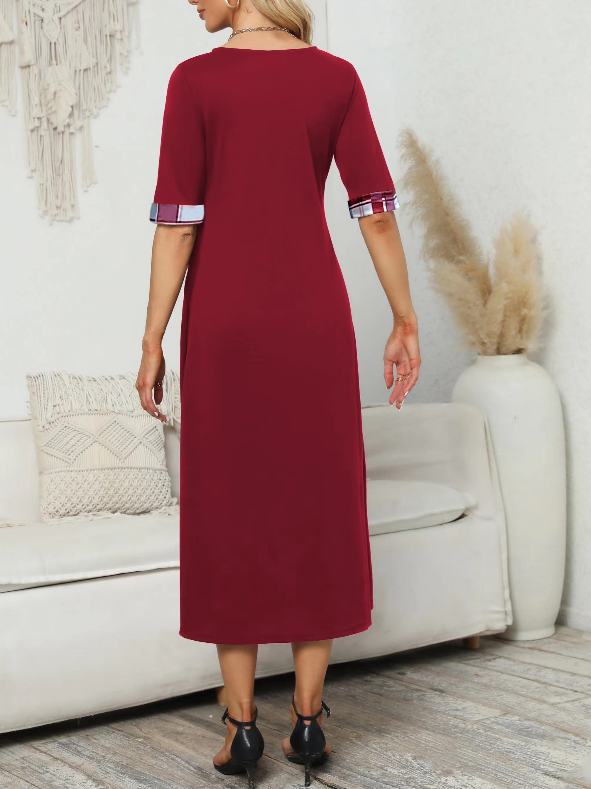 Plaid Print Splicing Dress Casual Crew Neck Short Sleeve Summer Asymmetrical Dre