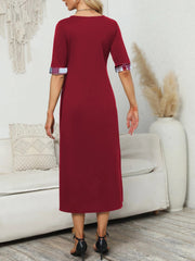 Plaid Print Splicing Dress Casual Crew Neck Short Sleeve Summer Asymmetrical Dre