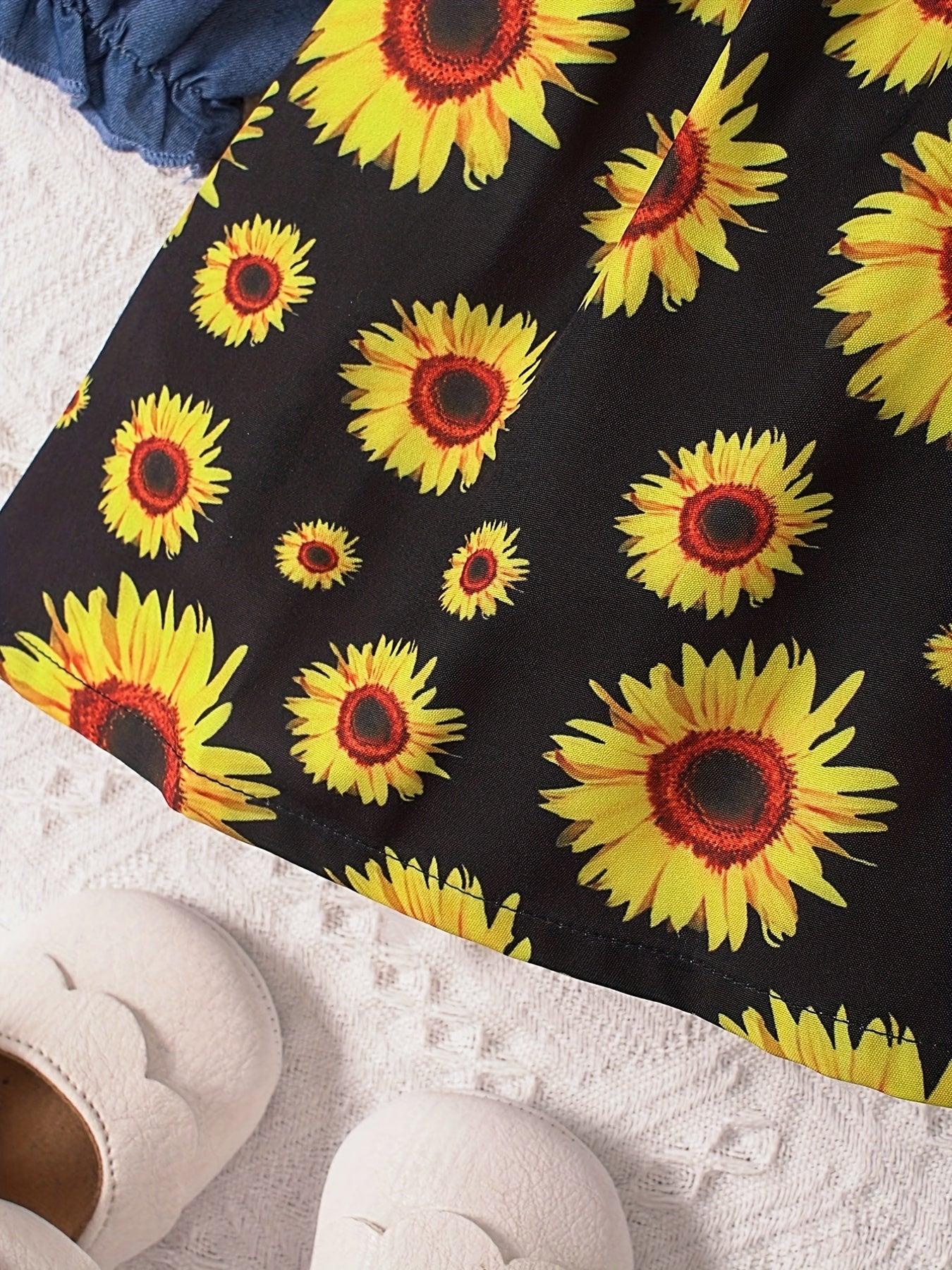 Cute Baby Girl's Denim Dress with Floral Print