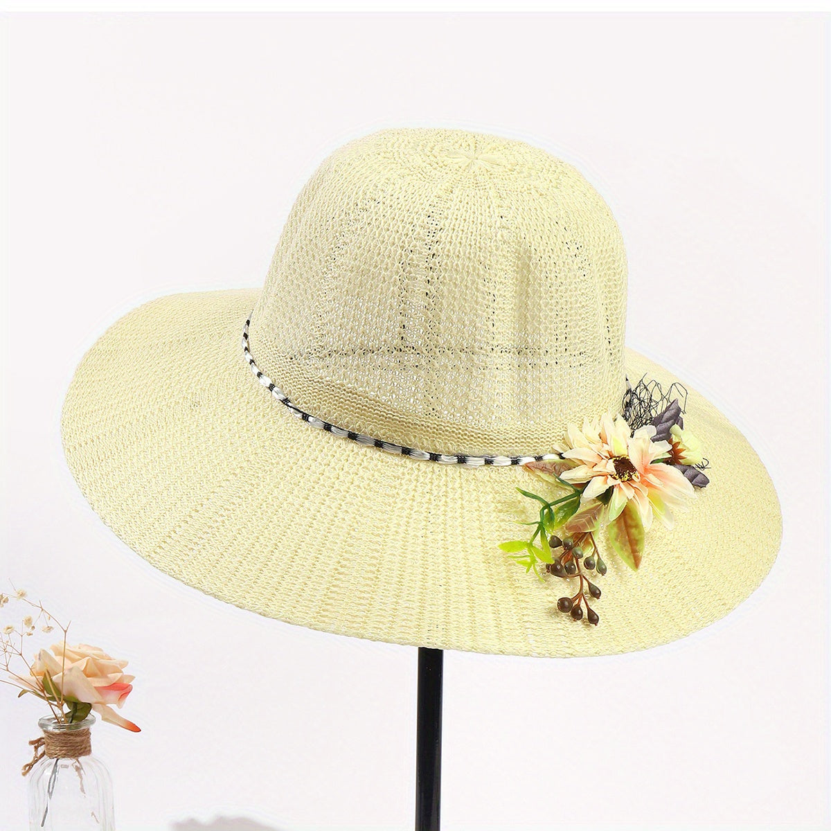 Beige Crochet Bucket Hat Faux Flower Decor Straw Casual Travel Beach Hat