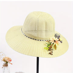 Beige Crochet Bucket Hat Faux Flower Decor Straw Casual Travel Beach Hat