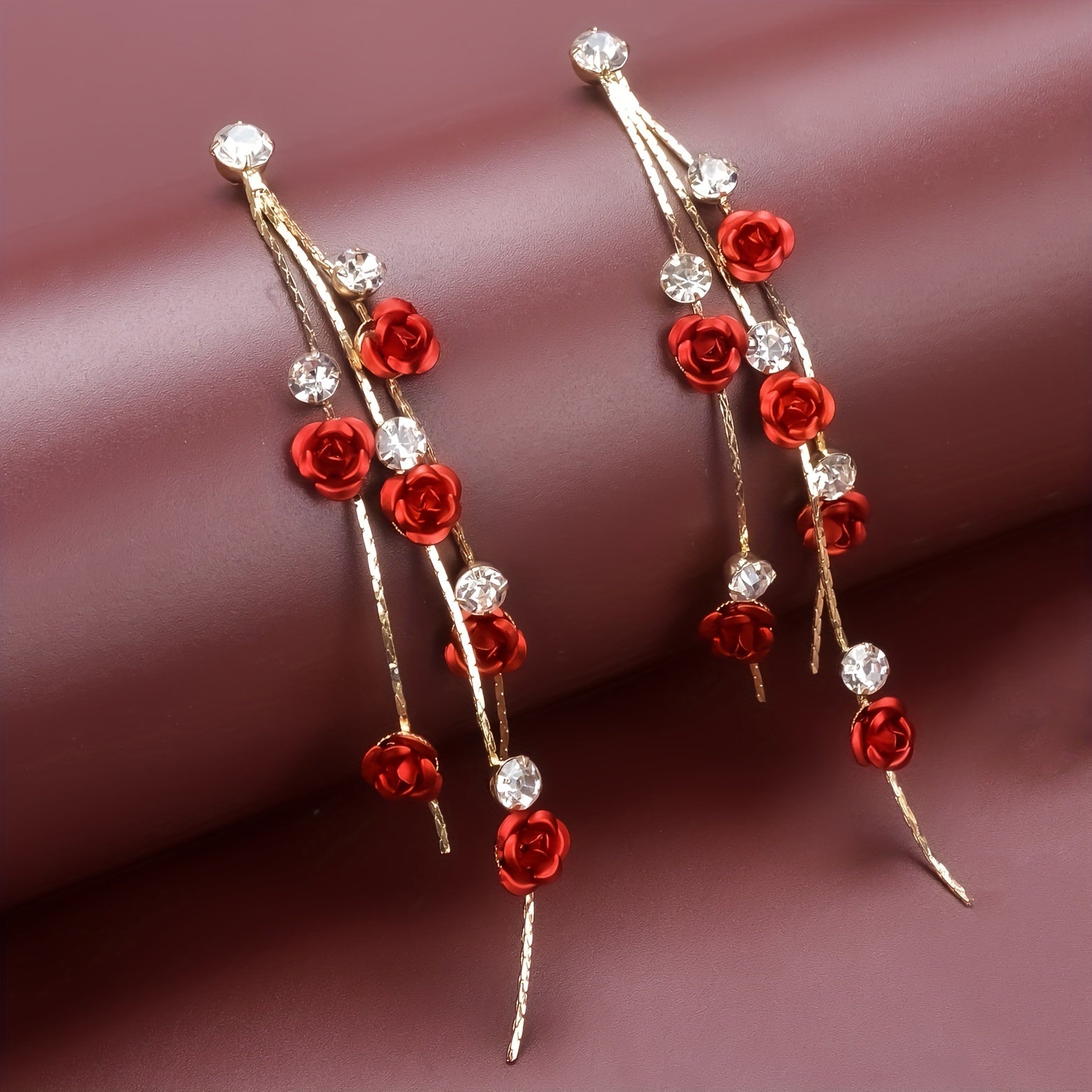 Tassel Red Rose Rhinestone Dangle Earrings