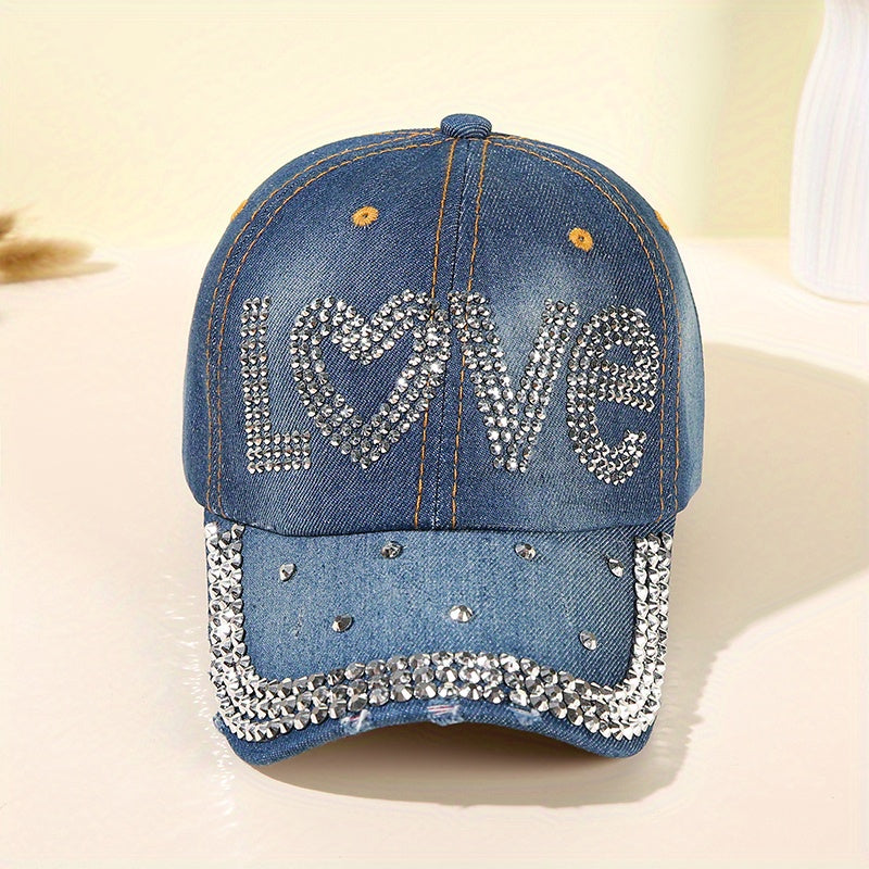 LOVE Rhinestone Denim Baseball Cap Distressed Y2K Dad Hats