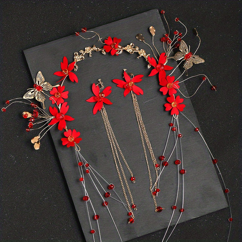 Red Flowers Headband Hairpins Clip Earring Set Chinese Style Bridal Wedding