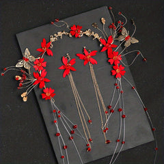 Red Flowers Headband Hairpins Clip Earring Set Chinese Style Bridal Wedding