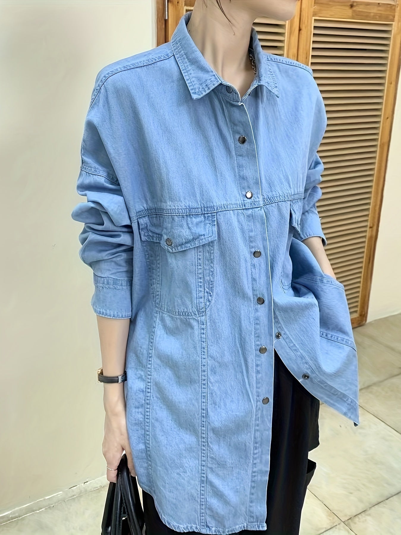  Casual Denim Top Women's Plus Solid Pipping Button Down Long Sleeve
