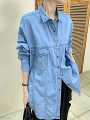  Casual Denim Top Women's Plus Solid Pipping Button Down Long Sleeve