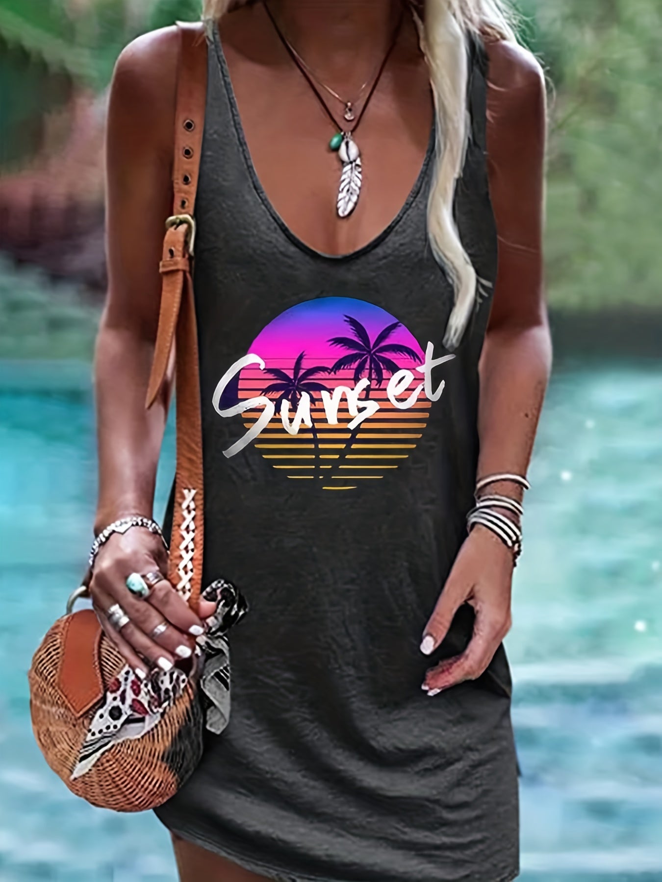 Sunset Print Tank Dress Sleeveless Casual Dress