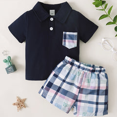 2pcs Baby Boys Short Sleeve Shirt & Plaid Shorts Set Summer Outfit