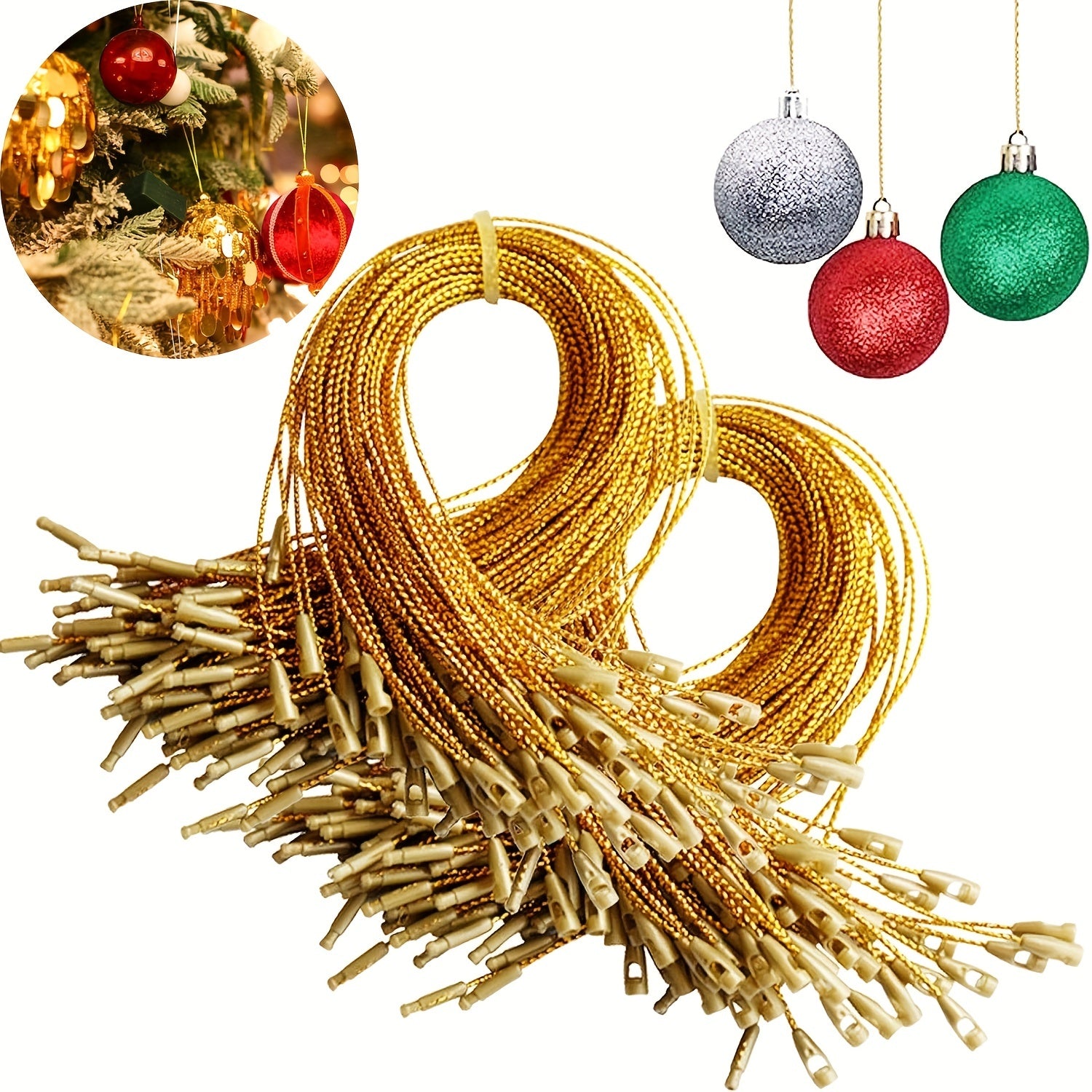 200pcs Golden Ribbon Ornament Hook Ropes with Snaps Locking