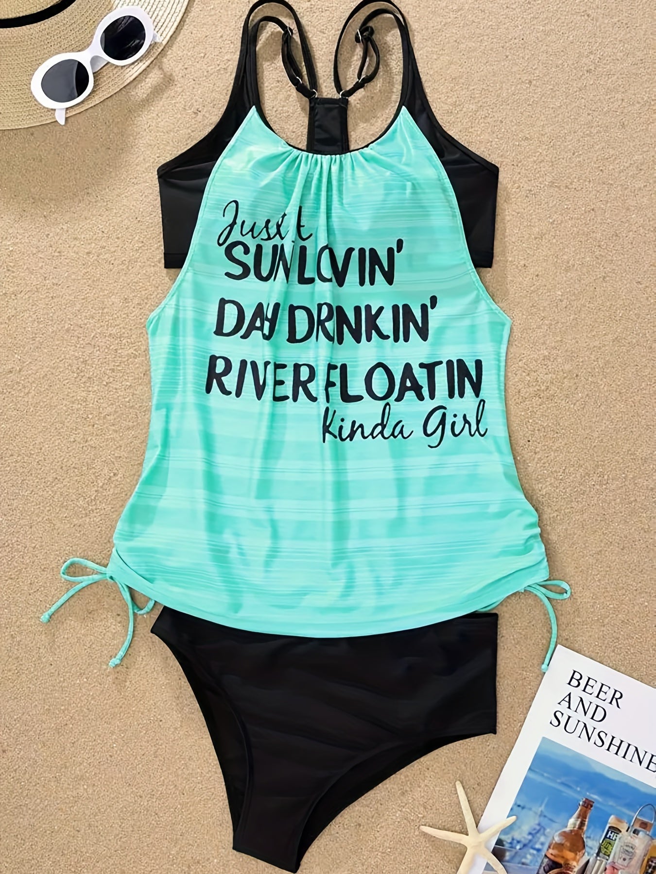  Colorblock Striped Tankini Set Women's Cut Out Cami Top Swimsuit