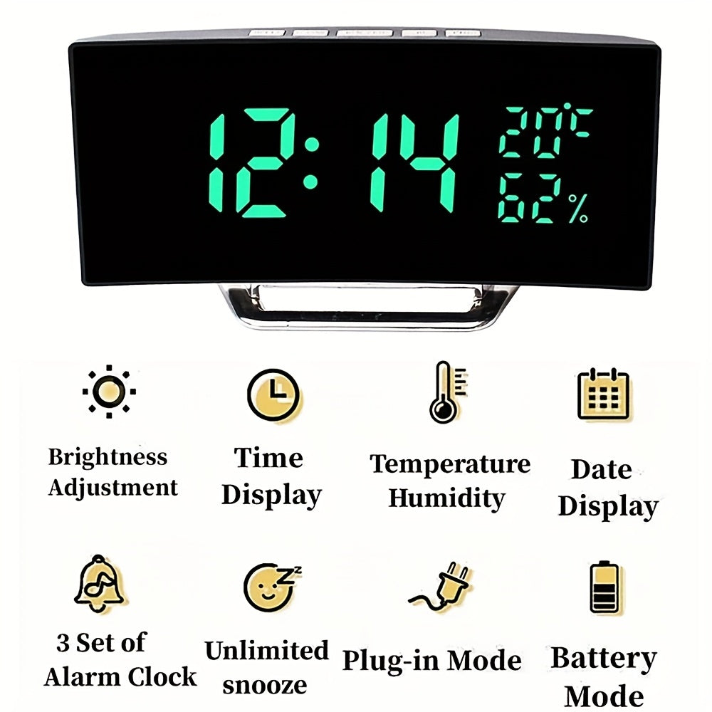 Curved Screen Digital Alarm Clock Temperature Humidity 3 Alarms Unlimited Snooze