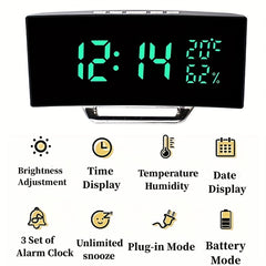 Curved Screen Digital Alarm Clock Temperature Humidity 3 Alarms Unlimited Snooze