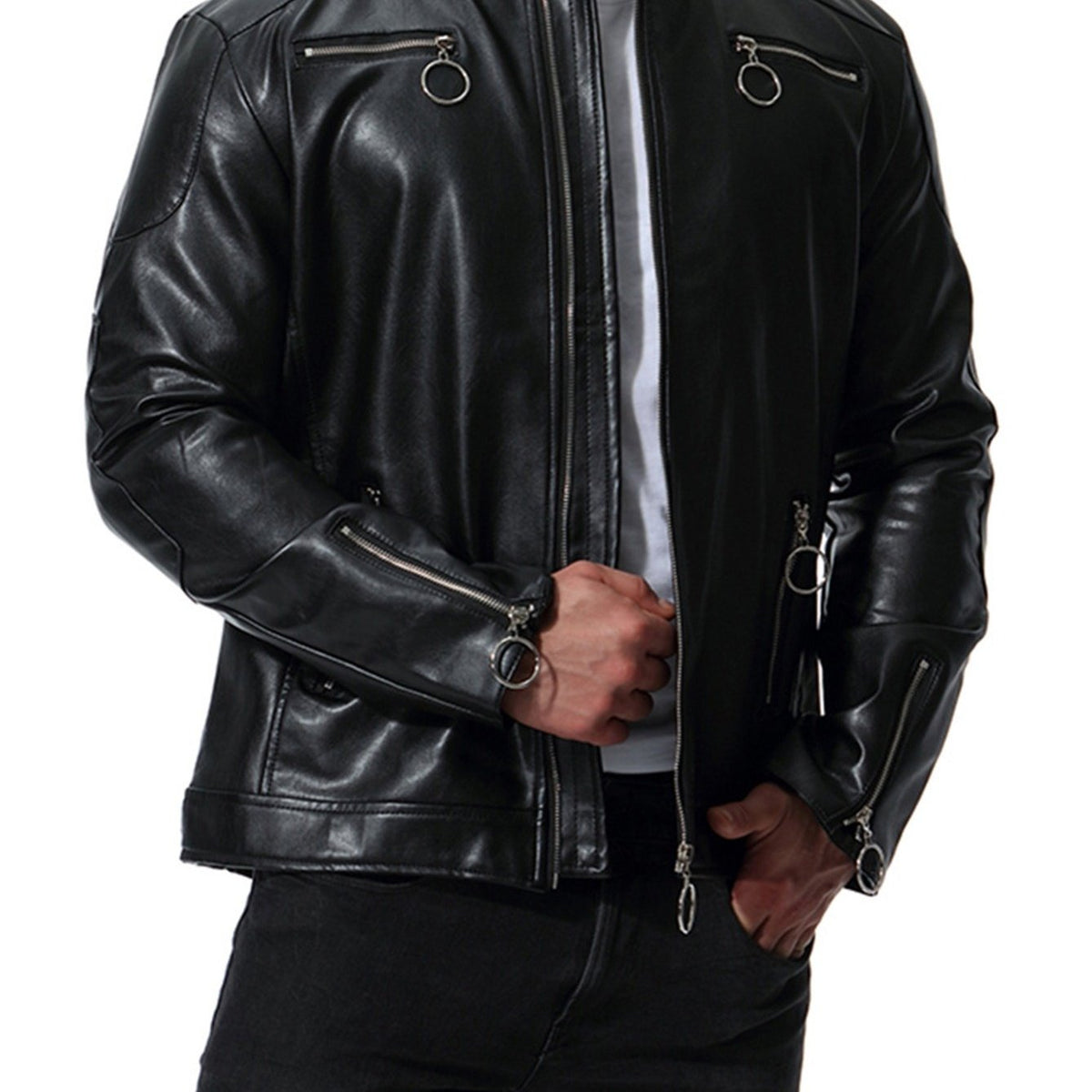 Men's Slim Fit PU Leather Jacket with Stand Collar