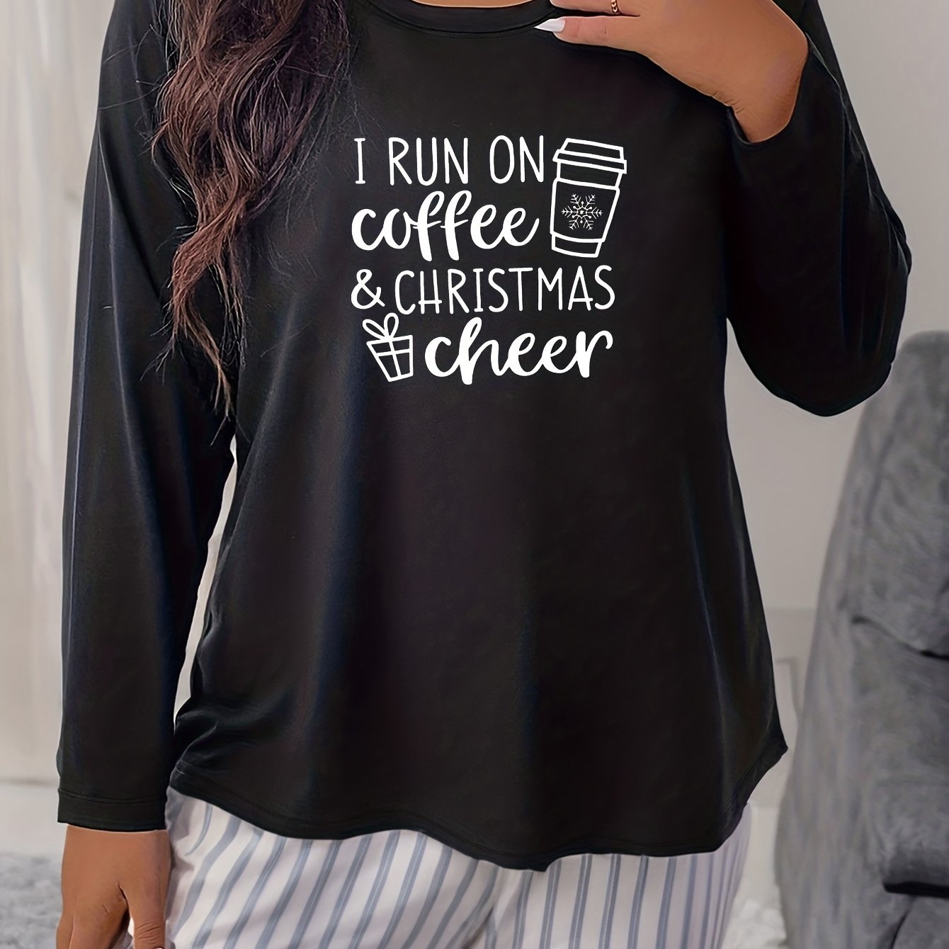  Coffee Print Long Sleeve Pajama Tee