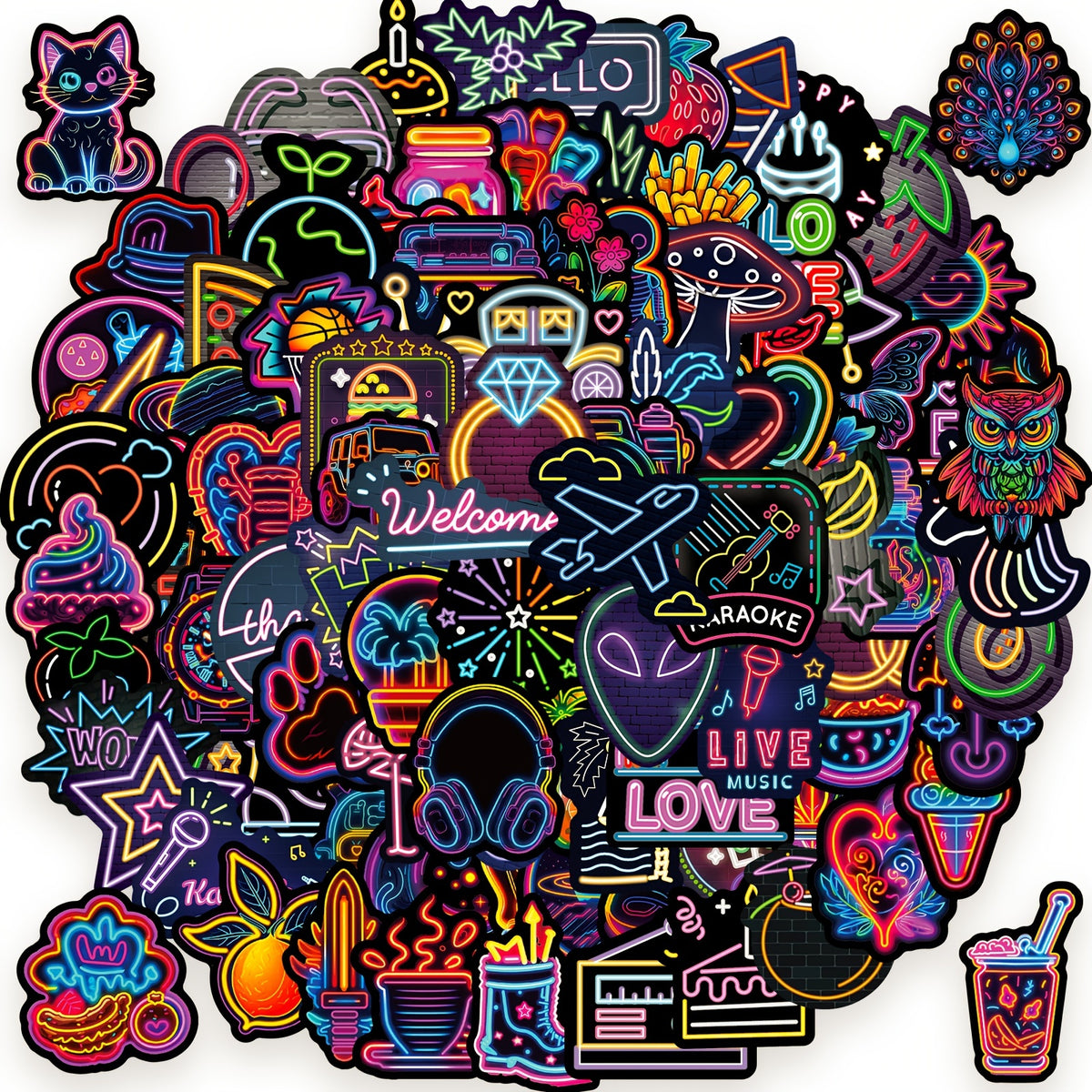 100Pcs Neon Light Stickers Pack Waterproof Vinyl DIY Decals