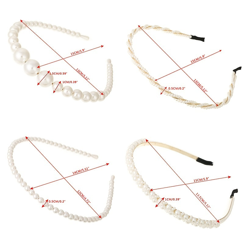 4PCS Faux Pearl Headbands for Women Rhinestones Hair Hoop Wedding Accessorie