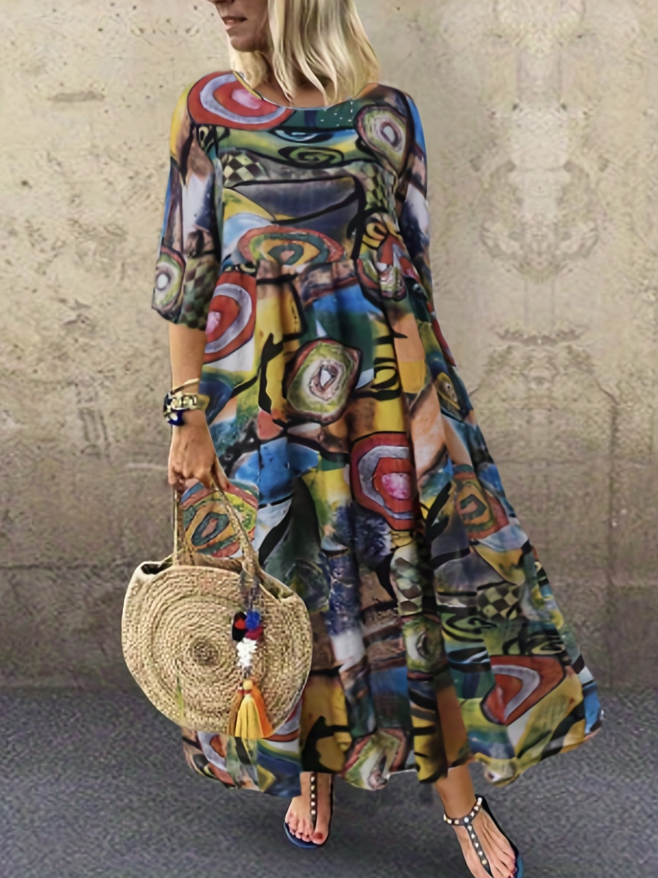  Boho Dress Abstract Print Half Sleeve Round Neck Maxi Dress