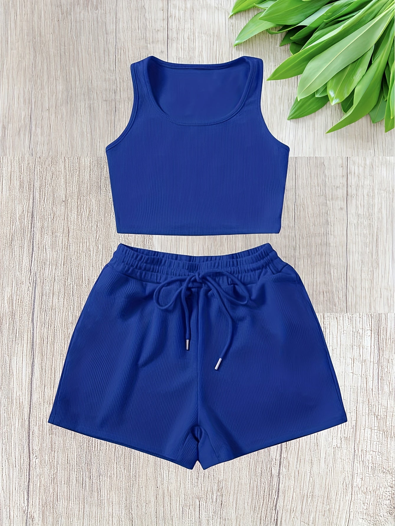 Ribbed Tank Top & Drawstring Shorts Set